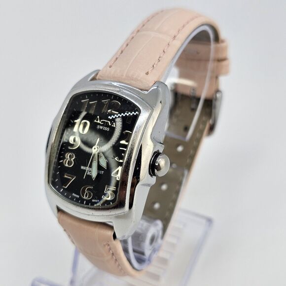 Activa Swiss Women\'s Watch 28MM Black Dial New Pink‎ Leather Bands New Battery main image 11